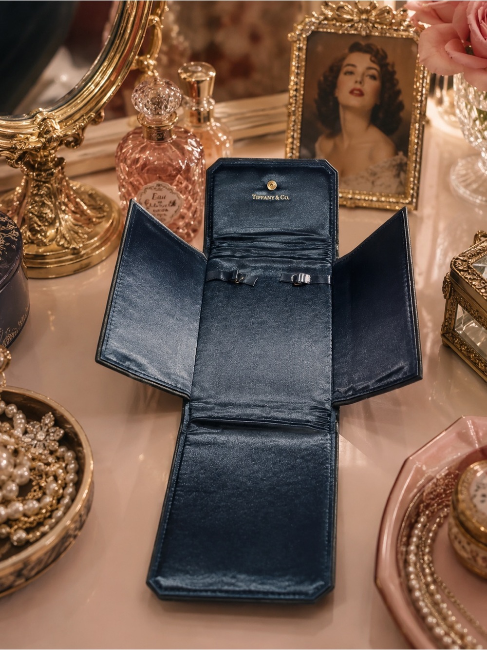 Tiffany & Co Black Suede Necklace Presentation Pouch Sapphire Blue Satin Lining